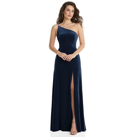 After Six One Shoulder Caviar Gray Velvet Gown Maxi Dress Size 12R NWT - Picture 1 of 6